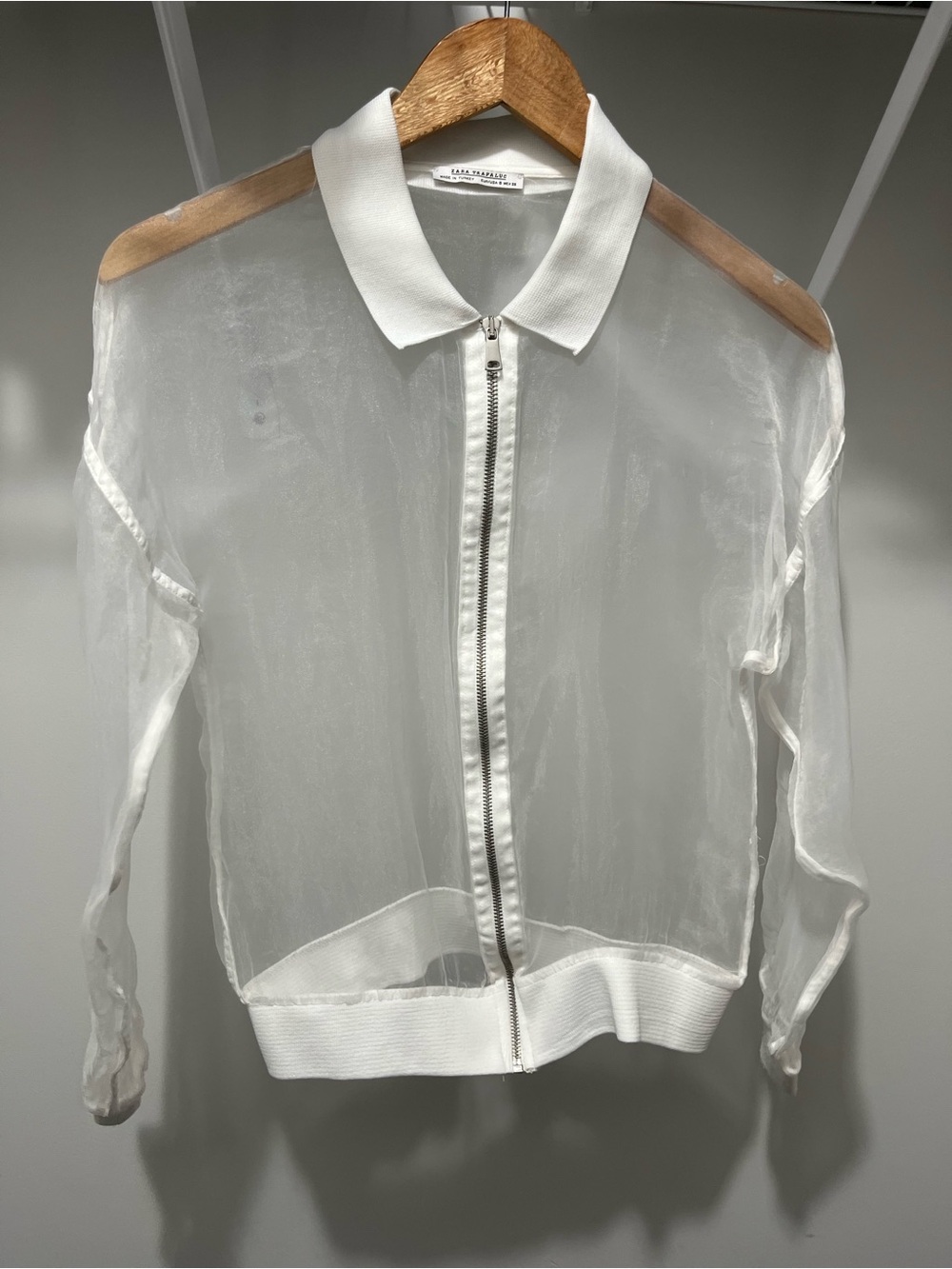 Zara White Sheer Zip-Front Bomber Shirt